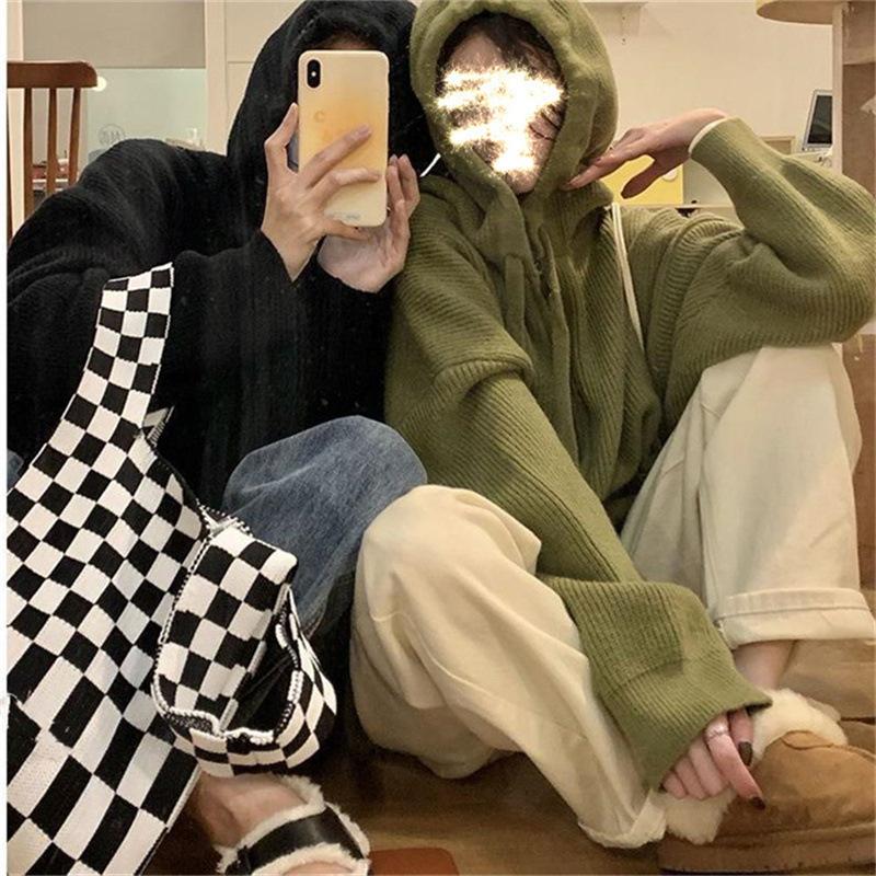 Ленивый ветровой свитер женский дизайн чувство новый осень и зима корейская верхняя одежда с капюшоном и длинными рукавами вязаный кардиган топ прилив