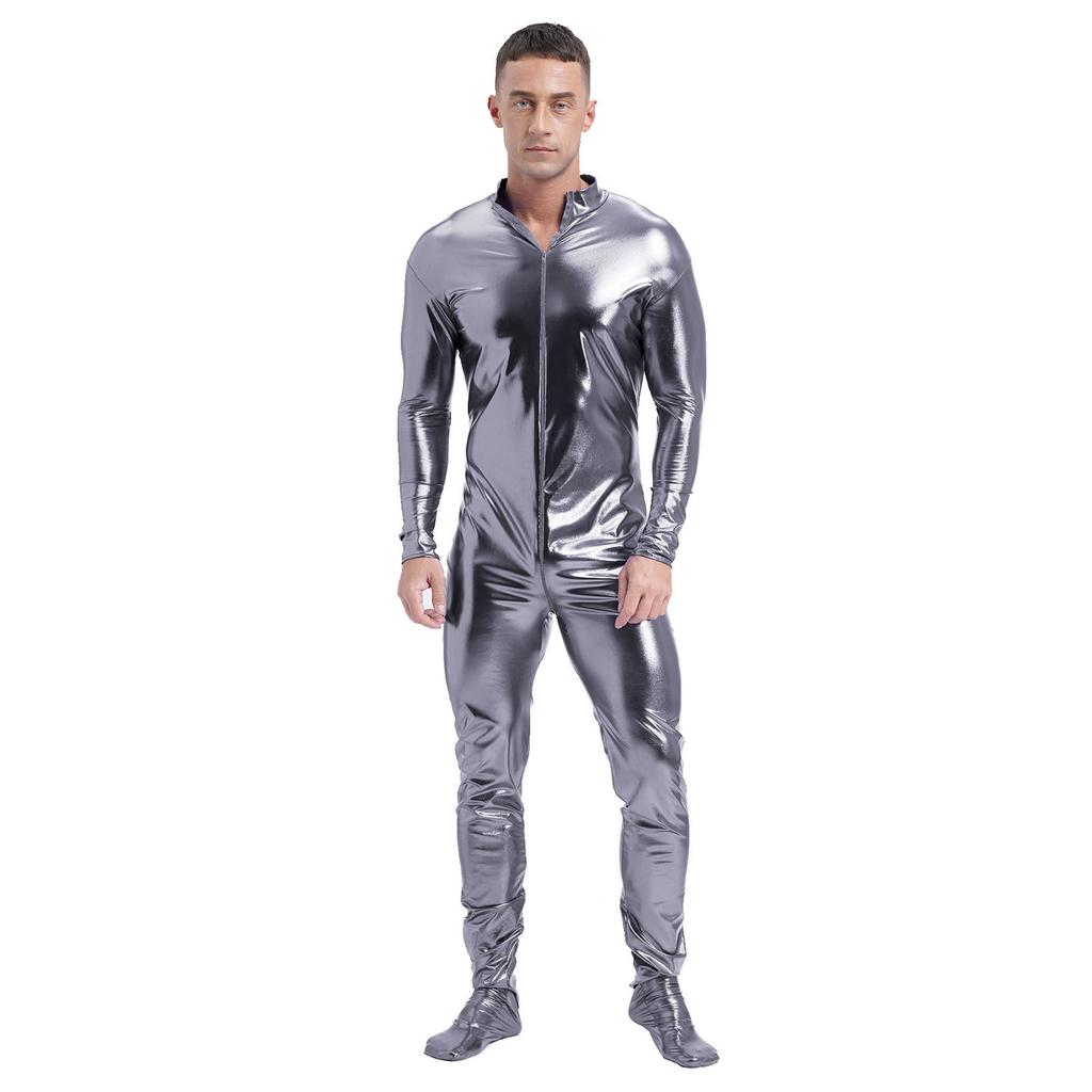 Mens Metallic Zentai Jumpsuit Full Body Tight Mock Neck Long Sleeve Club Performance Costume
