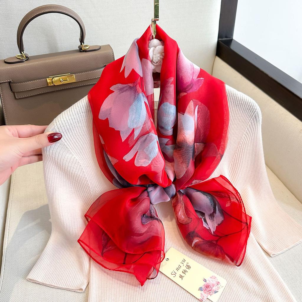 Summer Scarf Women Outdoor Sunscreen Shawl Soft Bandanna Foulard Female Floral Silk Shawl Lady High Quality Head Hijab Wrap