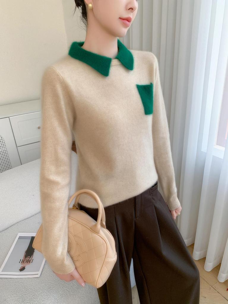 Women's Elegant Color Block Cashmere Polo Sweater - Age-Reducing Red Pullover Knit Base Layer