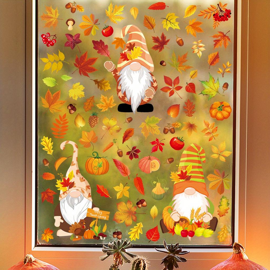 Thanksgiving Autumn Decoration Window Stickers,Self-adhesive Decorations Glass Window Pictures Autumn Leaves and dwarves Sticker