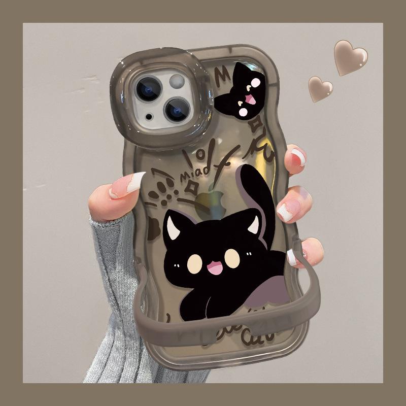 Подходит для Apple 15 Чехол для мобильного телефона iPhone 14 Cartoon Black Cat 13 Wavy Edge 12 Invisible Double Stand Summer