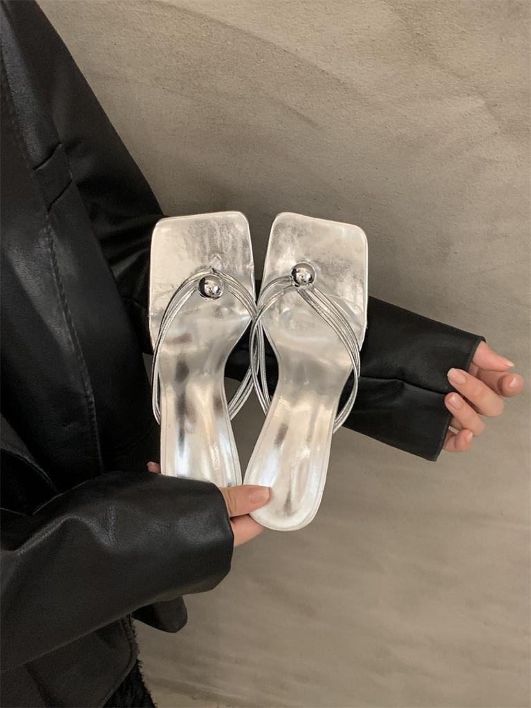 High-heeled flip-flops fairy shoes stiletto with skirt mezzanine-toed silver sandals