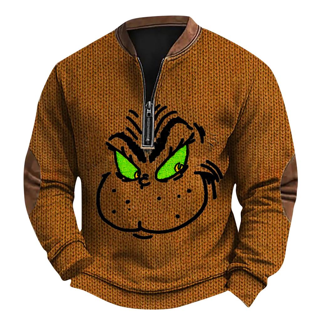 Мужской рождественский свитер на молнии, винтажный вязаный графический свитшот, рождественский пуловер со стойкой