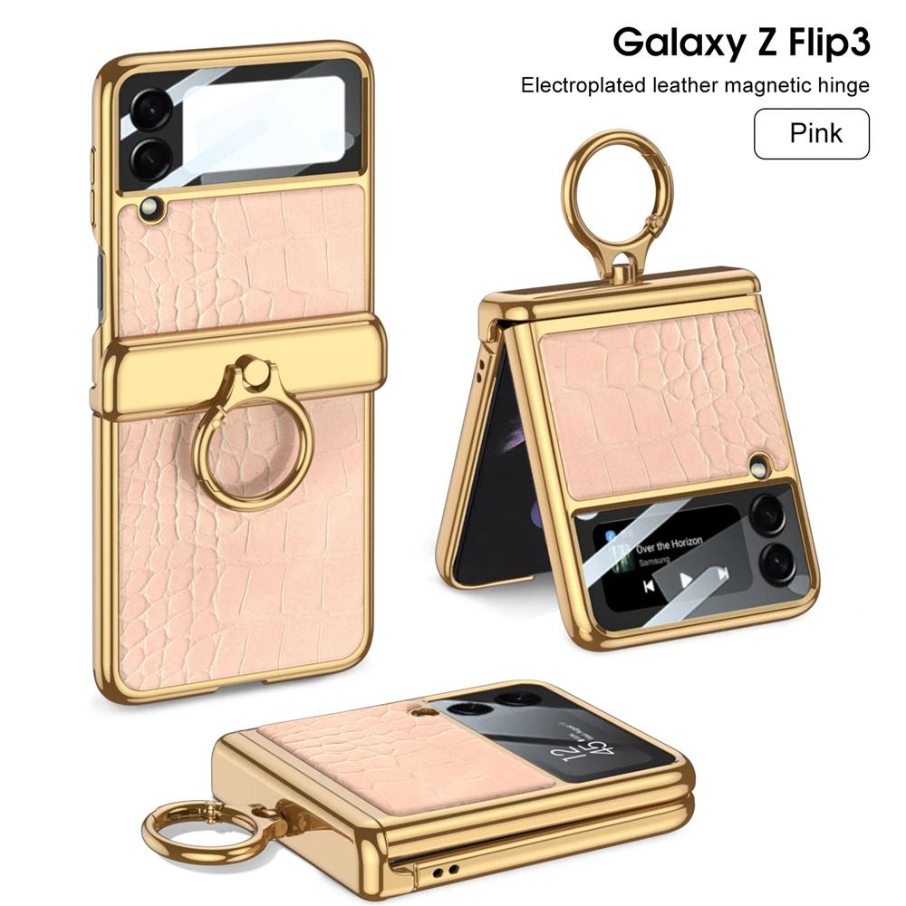 Чехол для Samsung Galaxy Z Flip 3 4 5 6 Ультратонкая Защита Экрана Coque Fundas Роскошная Кожа С Кольцом Гальваническое Магнитное Покрытие