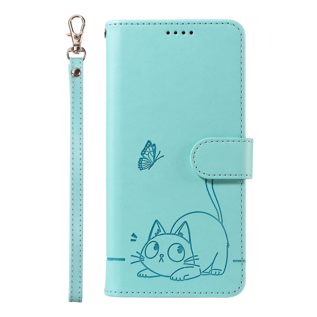 Leather Wallet Flip Case For OPPO Reno 15 Pro Max mini 15F 14 14F 13 13F 12 12F 11 11F 10 Cat and Butterfly Embossed,Wrist Strap