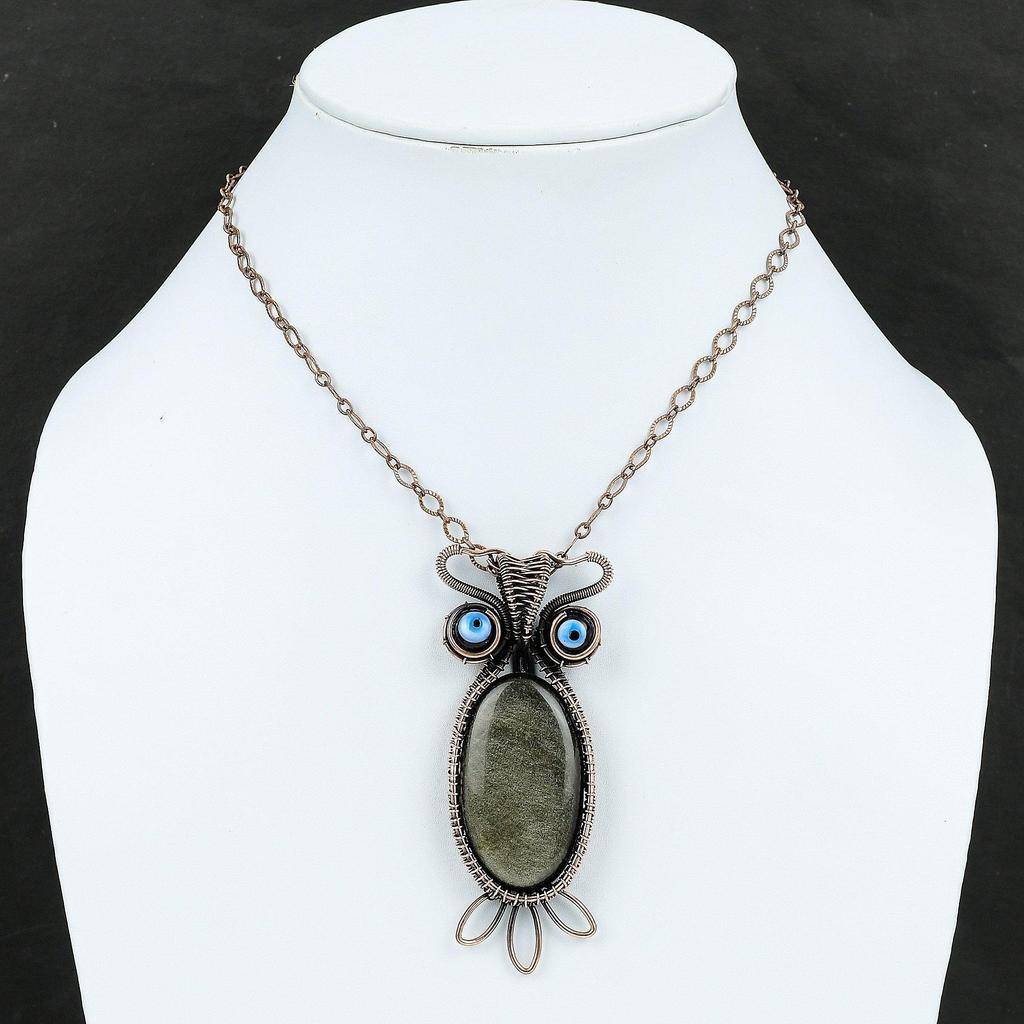 Серебряный Блеск Обсидиана Кулон Черный Цвет Кулон Сглаза Медная Проволока Обернутый Кулон Ювелирные Изделия Из Драгоценных Камней Кулон Сова Медные Ювелирные Изделия Ручной Работы