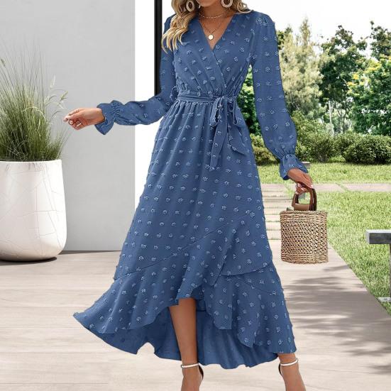 Long Sleeve Maxi Dress for Women V Neck Dot Design Boho Wrap Dress Casual Flowy Slit Wedding Guest Dress for Cocktail Party