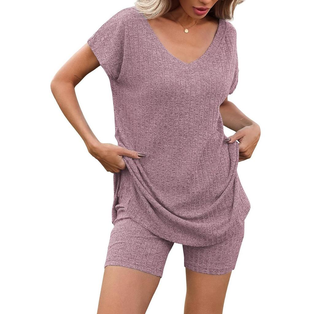 Женский летний комплект из двух частей с шортами, трикотажный домашний спортивный костюм с V-образным вырезом