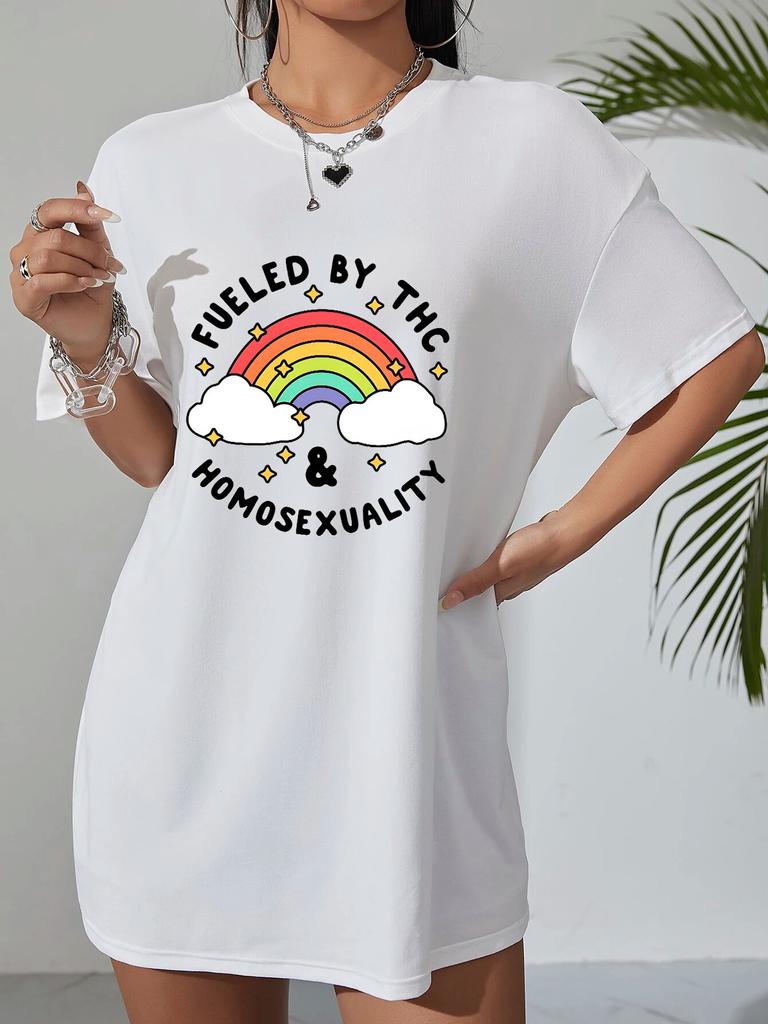 Корейская женская футболка с радужным принтом, женские хлопковые белые футболки, свободные футболки с короткими рукавами и круглым вырезом FeUnisex, одежда