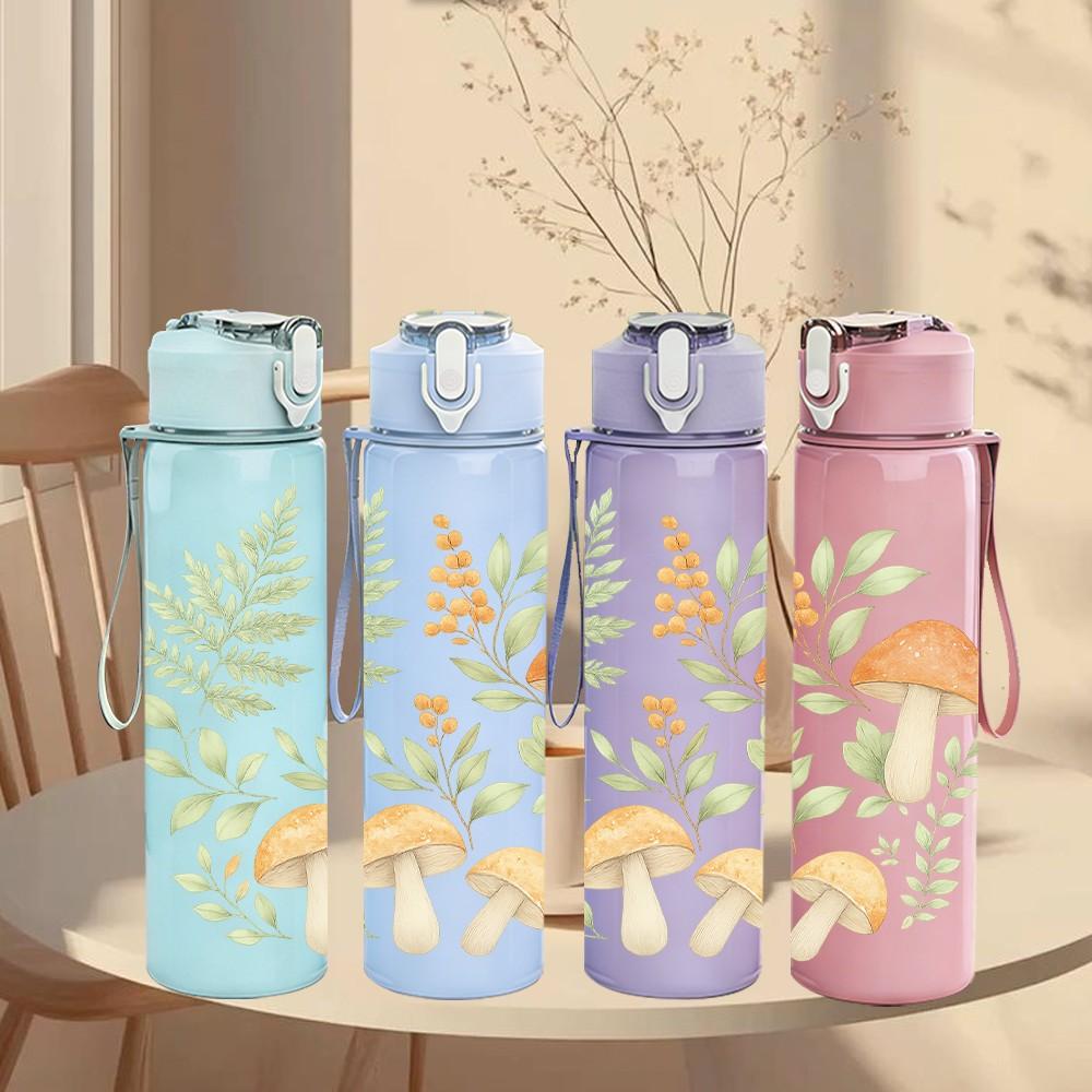 1PC Green Mushroom Leaf Botanical Print 750ml Color Plastic Sports Water Bottle Leakproof Flip Straw Lid Suitable for Sports Office Home Use