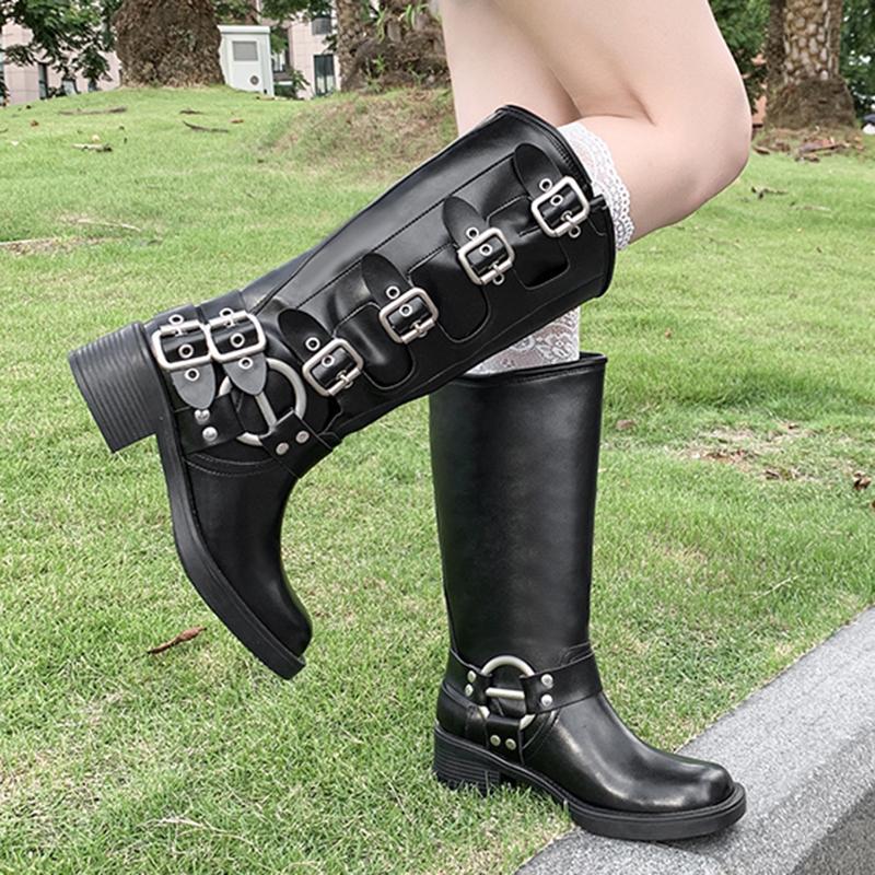 Fashion Fashion Metal Buckle Motorcycle Boots for Women Black PU Leather Chunky Heel Long Botas Mujer 2025 Autumn Winter Knee High Boots