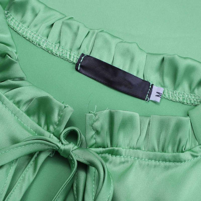 Весна Осень Элегантный Однотонный Круглый Вырез Длинный Рукав Бретель Прямой Труба Шелковый Женский Верх Блузки и Рубашки