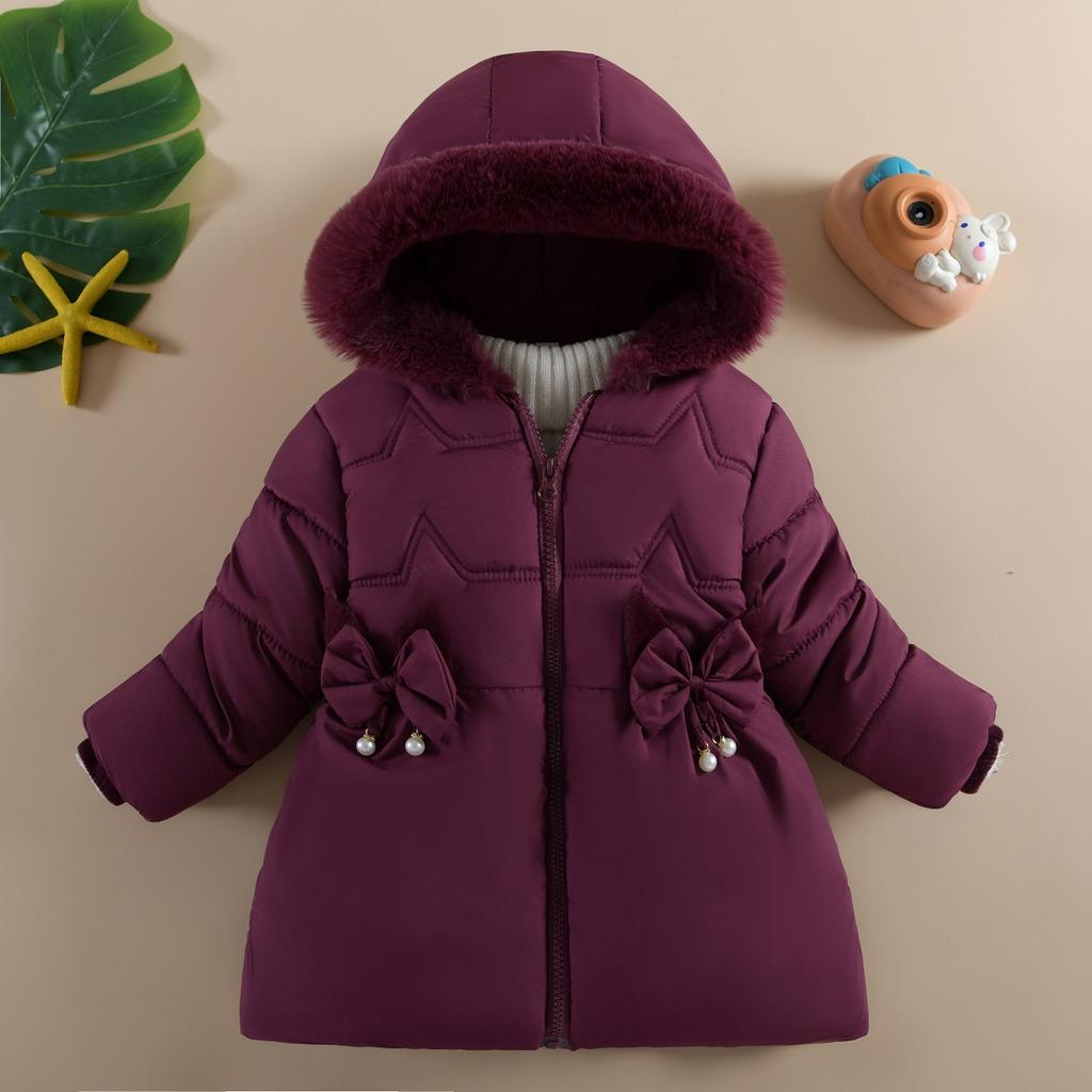 2-4 Years Autumn Winter Girls Jacket Fur Collar Keep Warm Flowers Little Princess Coat Hooded Zipper Baby Outerwear Kids Clothes