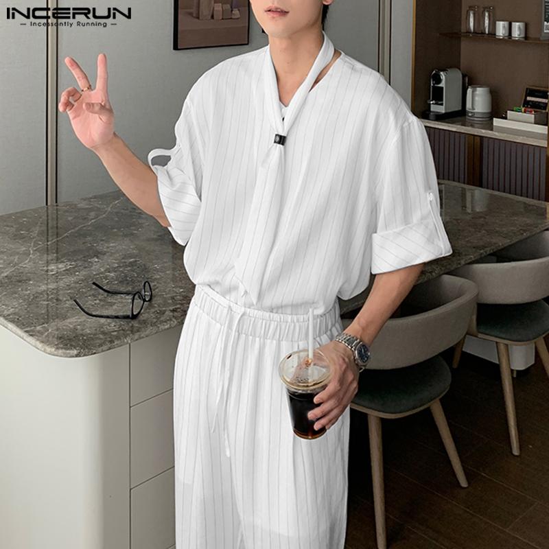INCERUN 2 ШТ. Мужская рубашка с завязками на шее, с короткими рукавами, длинные прямые брюки, полосатые комплекты