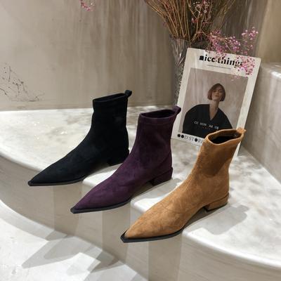 Женские осенне-зимние ботильоны на плоской подошве с черной молнией сзади, с низким каблуком, тонкие ботильоны, остроносые, эластичные