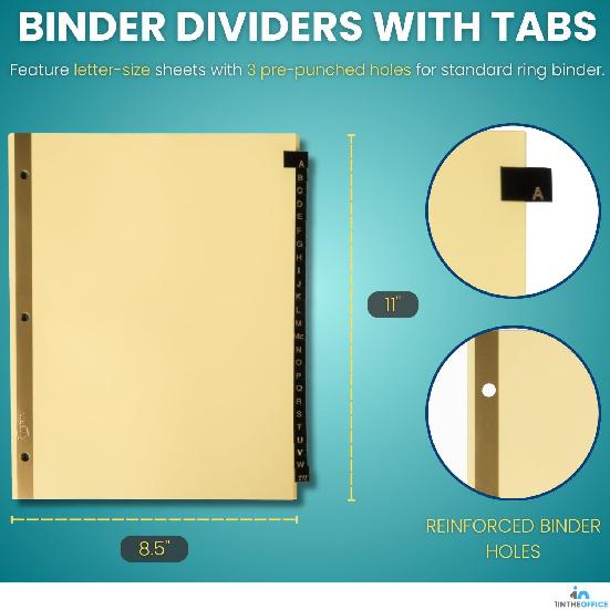 1InTheOffice Alphabet Dividers for 3 Ring Binder, A-Z Leather Dividers, 25-Tab, Black