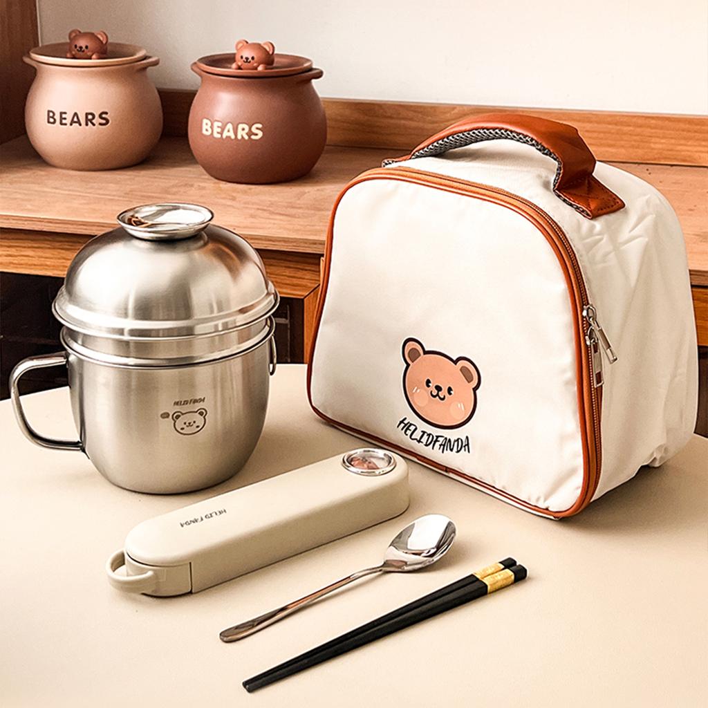 Двухслойный ланч-бокс из нержавеющей стали 304 с крышкой, портативные контейнеры для еды большой емкости, подогреваемая миска для лапши рамэн