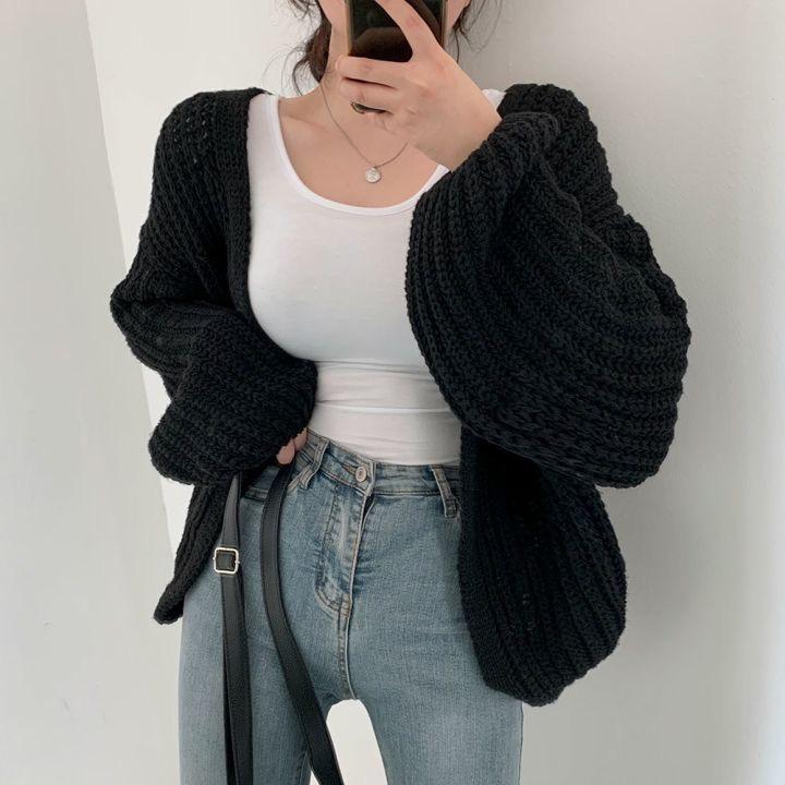 Korean Chic V-neck Lantern Sleeve Knit Cardigan Sweater - Autumn Casual Style