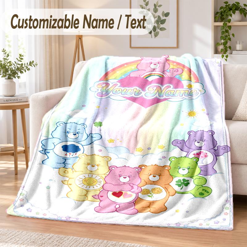 Care Bears Custom Name Flannel Throw Blanket Soft Warm for Sofa Bed Indoor Home Use