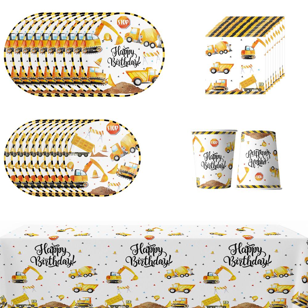 51pcs Engineering Vehicle Tableware Set Includes Plates Cups Napkins Tablecloth