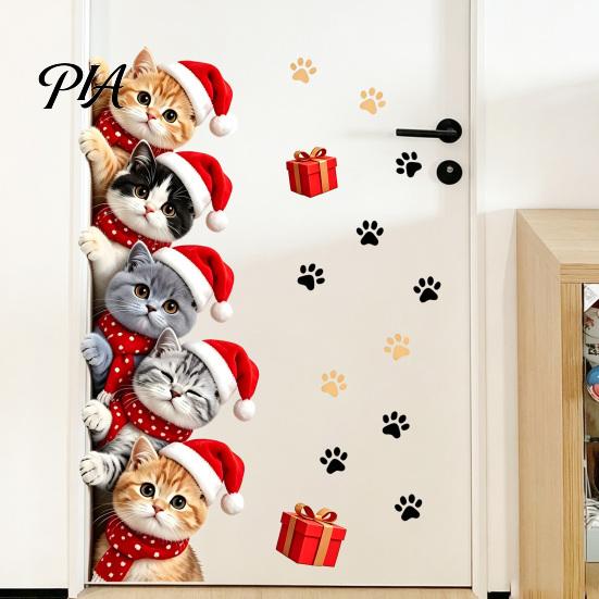 Cartoon Kitty Window Graphics Christmas Cat Door Sticker, Cute Santa Hat Kittens Wall Decal, Self Adhesive Animal Art Waterproof PVC Sticker