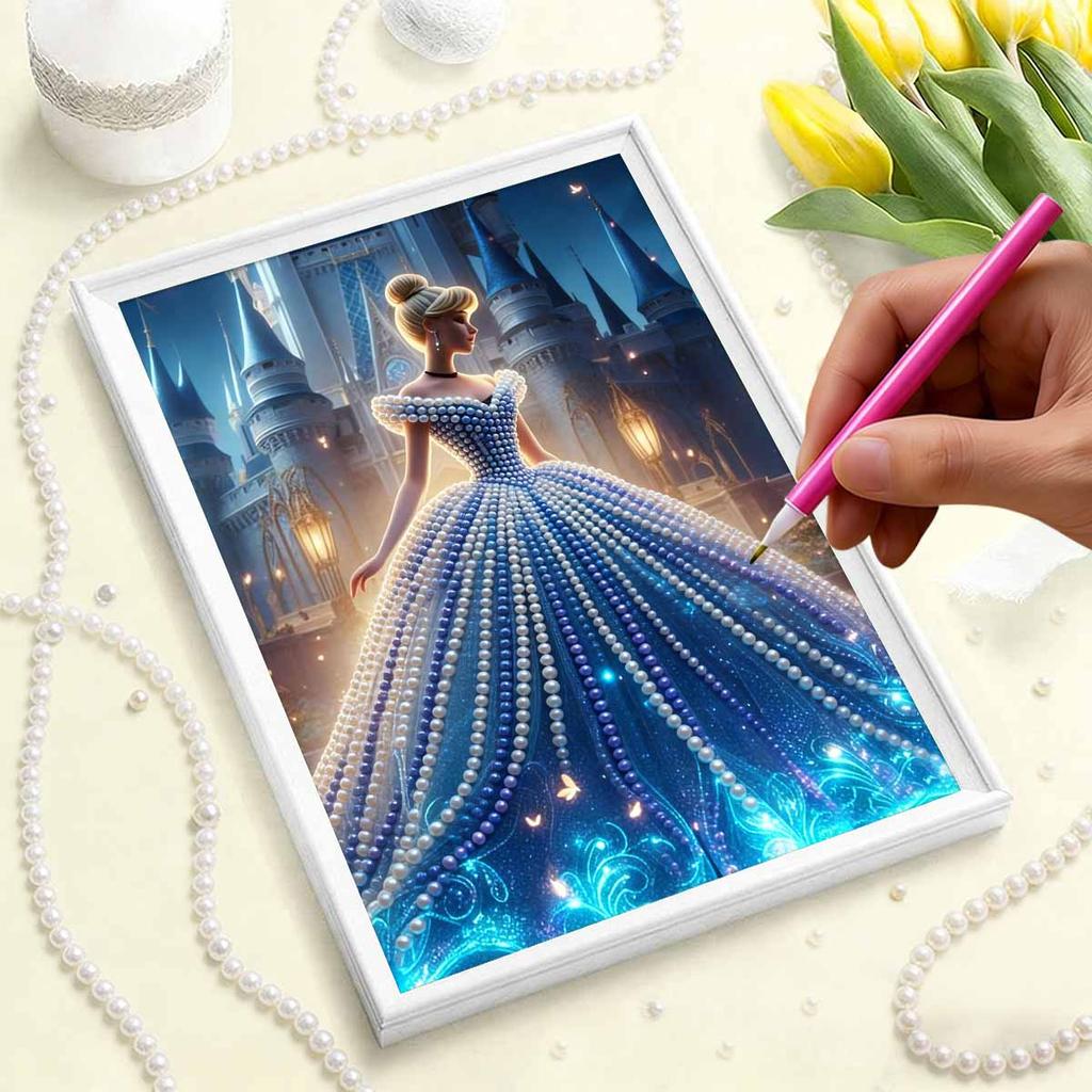 Disney Жемчужная живопись Золушка Синее платье Замок Вид сзади Креативный Изысканный пейзаж Сверкающая картина Ремесло Домашняя настенная декорация DIY Ручная работа Подарок