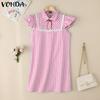VONDA Summer Women Lapel Neck Sleeveless Plaid Print Casual Loose Dress Sundress