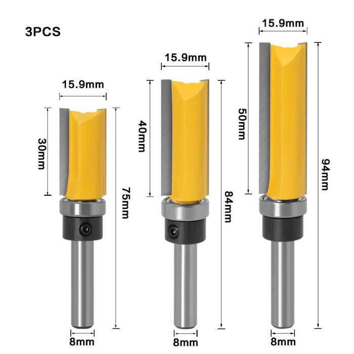 Lot de 3 fraises à affleurer tige 8 mm, coupe Ø15,9 mm – longueurs 30/40/50 mm, revêtement PTFE