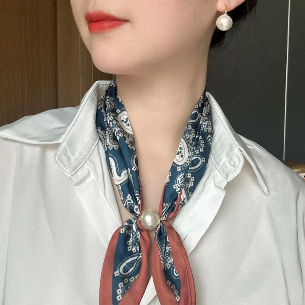 No Tie Silk Scarf Magnetic Pearl Buckle Women Neckerchief Sun Protection Satin Neck Scarf  Summer