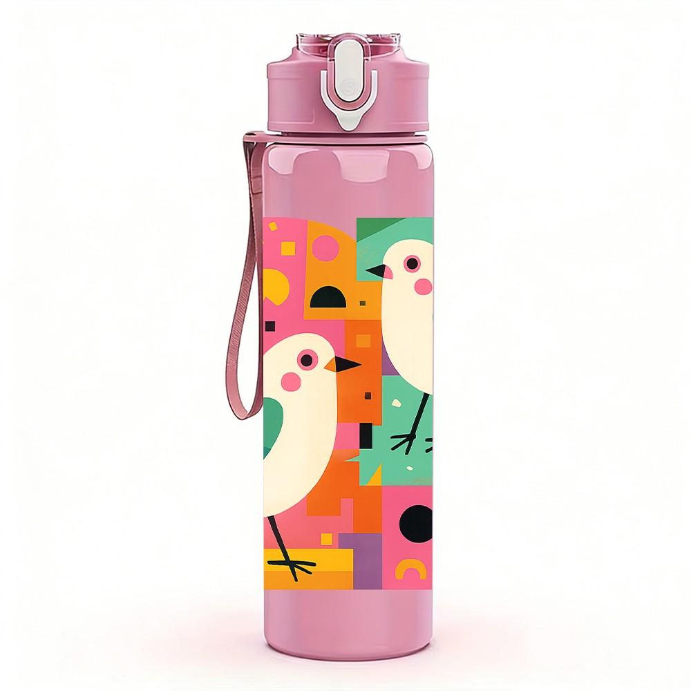 1PC Abstract Color Block Bird Couple 750ml Color Plastic Sports Water Bottle Leakproof Flip Straw Lid Suitable for Sports Office Home Use