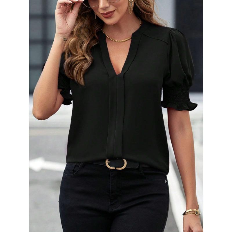 Summer Women's Shirt V-neck Temperament Bubble Sleeve Solid Colour Shirt Short Sleeve Top