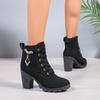 Fashion Fall New Block Heel Single Boots Women's Fashion Round Toe Metal Buckle Front Lace-Up Platform Non-Slip Short Boots