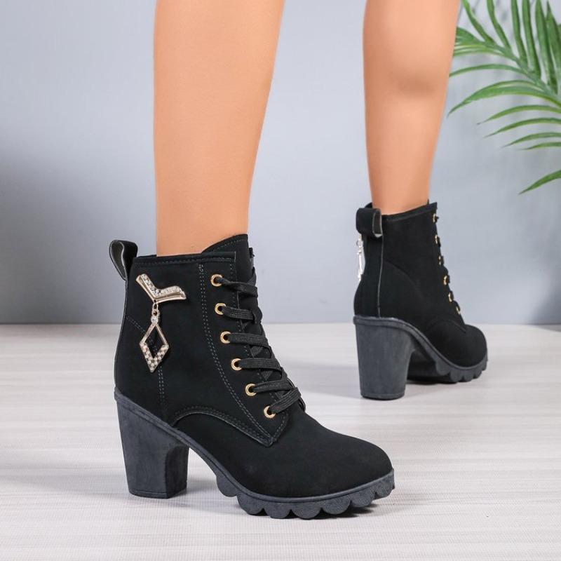Fashion Fall New Block Heel Single Boots Women's Fashion Round Toe Metal Buckle Front Lace-Up Platform Non-Slip Short Boots