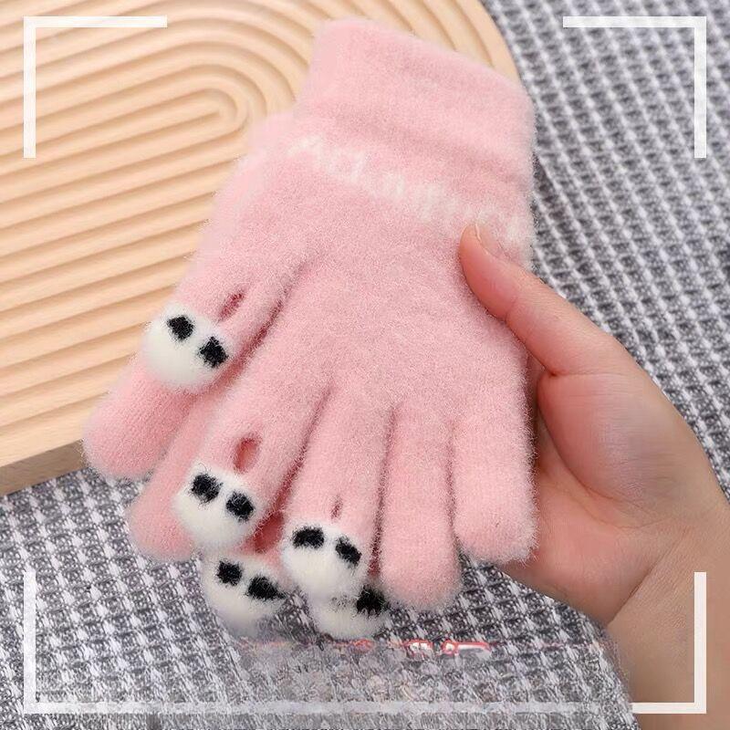 Вязаные Шерстяные Теплые Перчатки для Зимы Женские Мультяшные Милые Утолщенные Студенческие Для Письма Защита от Холода Пять Пальцев Открытые Пальцы Для Сенсорного Экрана