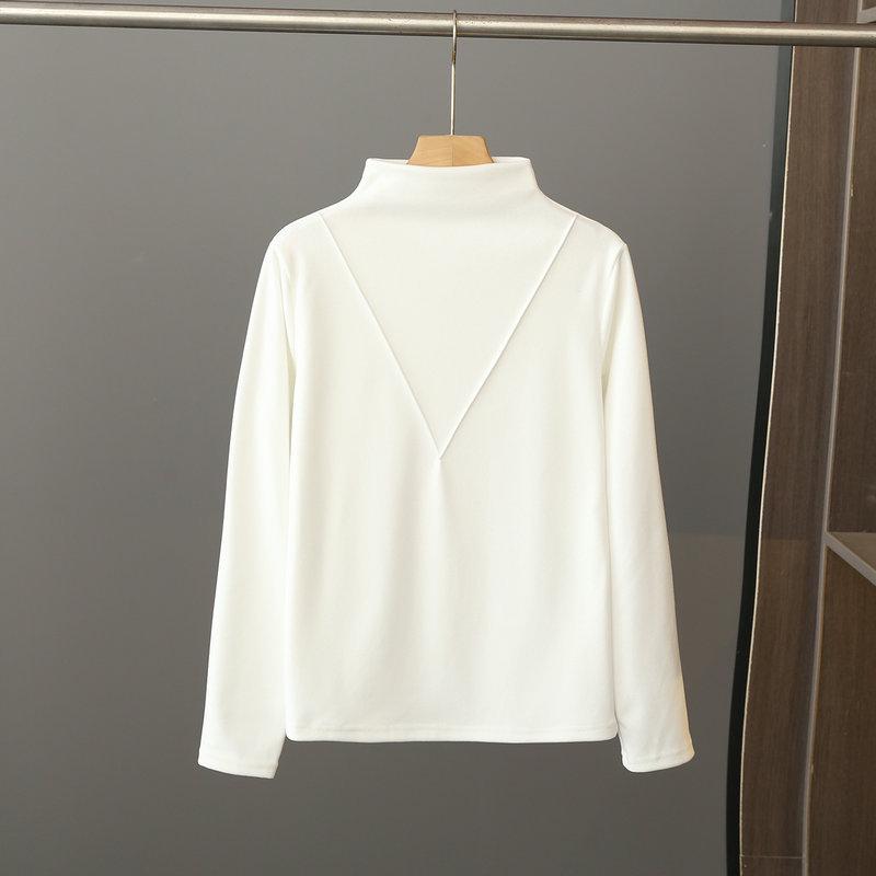 Women's Black Long-Sleeve Half-Turtleneck German Velvet Shirt - Stylish V-Cut Design for Autumn and Winter