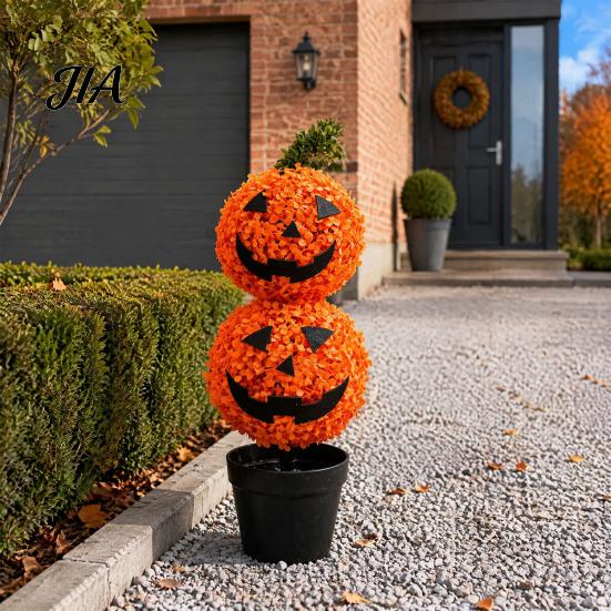 Artificial Pumpkin Topiary Tree Tree, Halloween Face Faux Boxwood Plants with Stake, Garden Stakes Fall Autumn Thanksgiving Decor for Front Door Porch