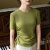 Threaded Short-sleeved T-shirt for Women In Summer New Women's Solid Color Round Neck Pleated Drawstring Waist Top