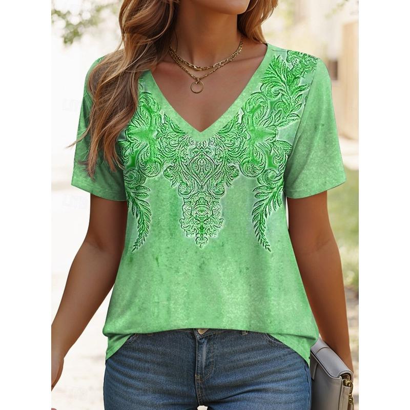 Ethnic Women's T-Shirt Vintage Graphic Fashion Short Sleeved V-Neck Regular Tops Daily Print Tee Summer Spring Casual Tops