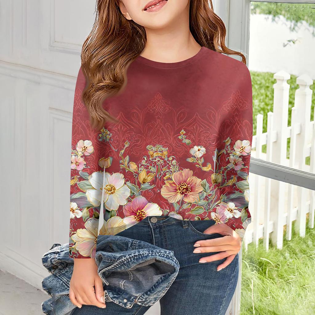 Футболки с длинным рукавом для девочек, детские осенние топы, с круглым вырезом, с принтом, базовые футболки