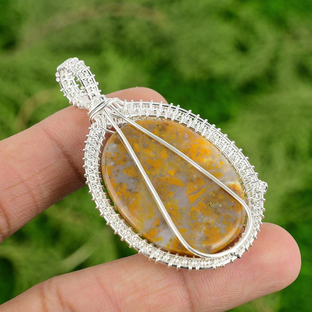 Wedding Gift For Her 925 Silver Natural Plume Agate Pendant Wire Wrapped