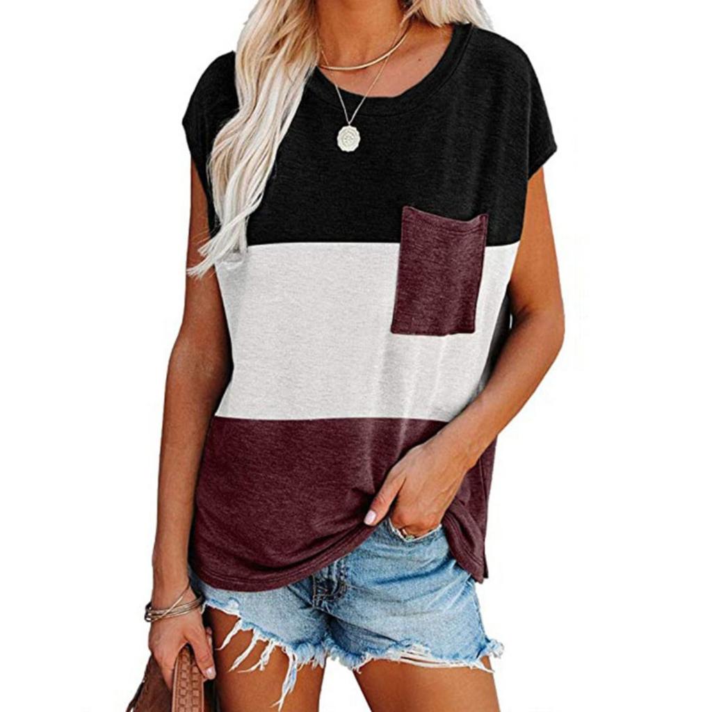 Women's Color Block Patch Pocket Round Neck Short Sleeve T-shirt, Casual Summer Top for European American, Fashion Cross-border Women's Clothing