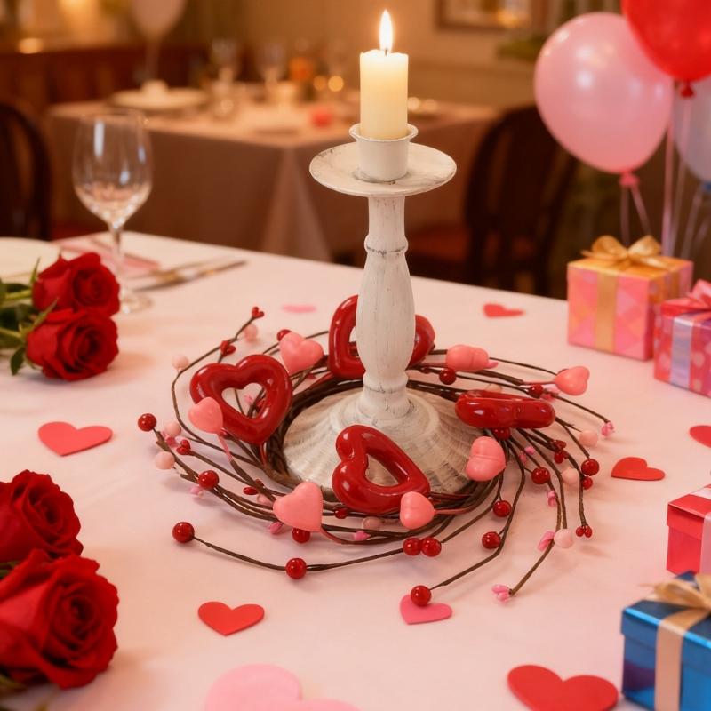 Valentine Candle Rings Wreaths Heart Berries Candle Holders Mini Wreaths for Party Wedding Window Table Centerpieces