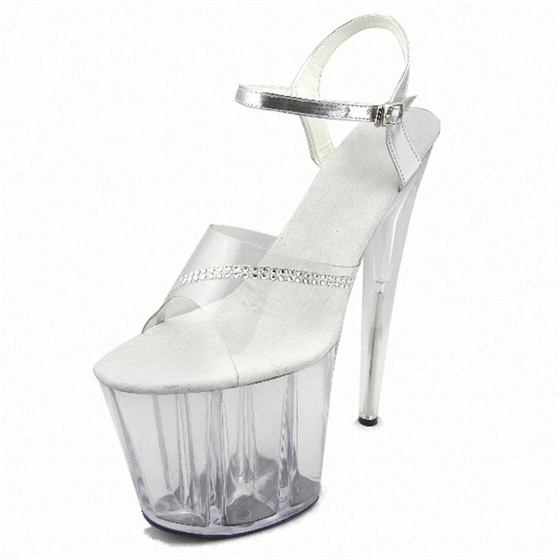 Direct sales sequined transparent fashion crystal shoes white thin heel versatile, super high heel 20CM size fashion sandals