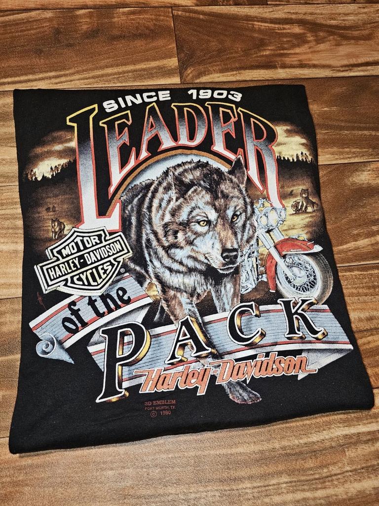 Винтажная Редкая Harley Davidson 1990 3D Эмблема Лидер Стаи Волк Рубашка L/XL