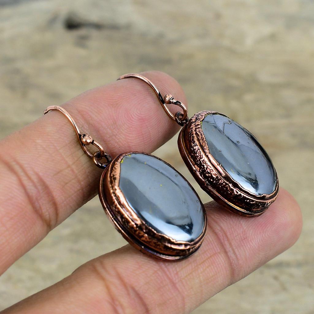 Серьги с драгоценным камнем из шунгита, медные серьги, полученные гальваническим способом, антикварные ювелирные изделия, серьги с камнем по случаю рождения, ювелирные изделия ручной работы, гальванические украшения, подарки на годовщину