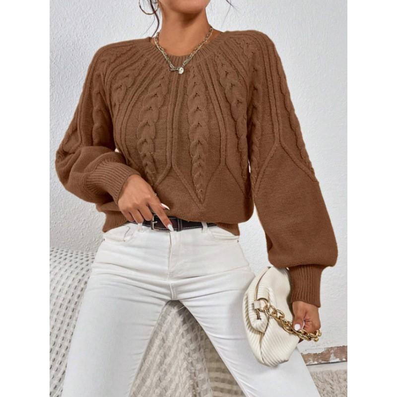 Womens Crew Neck Long Sleeve Knit Sweater Loose Fit Cable Solid Color Casual Winter Basic Top