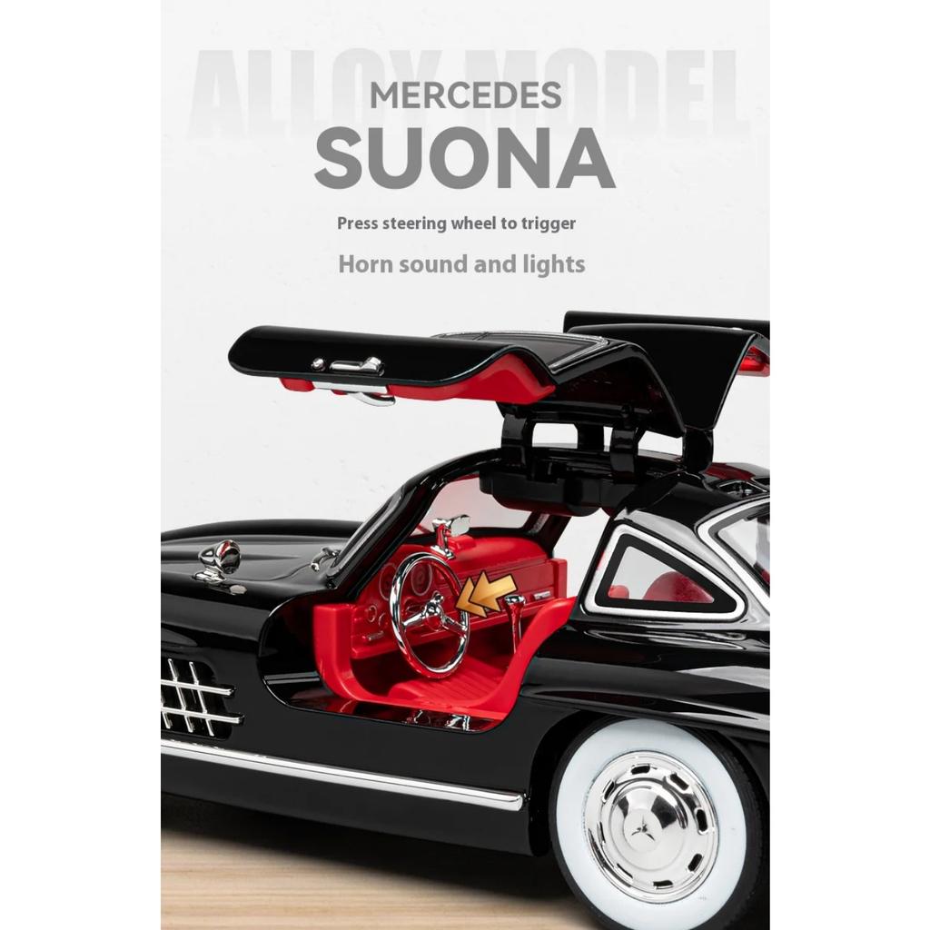 Масштаб 1/24 Классический автомобиль Benz 300SL Металлическая литая модель автомобиля со звуком и светом Коллекционирование Хобби Настольное декоративное украшение Подарок