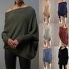Womens Neck Tunic Tops Fall Baggy Slouchy Pullover Sweaters One-shoulder Knitted Pullover American Loose Versatile Bat Sleeve Knitted Sweater Top