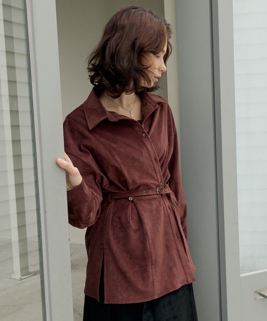 ITOV SEOUL Suede Belted Shirt Jacket Brown